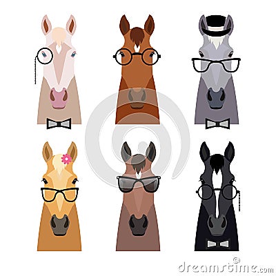 Vector hipster horse head in glasses ,bow. Flat cartoon style Vector Illustration