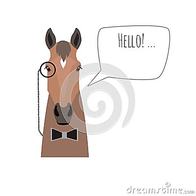 Vector hipster horse wearing black bowtie and monocle saying hello Vector Illustration