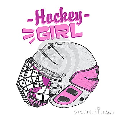 Vector hockey girl lettering. Isolated pink hockey helmet with mask for woman on white background. Ice hockey sports Vector Illustration