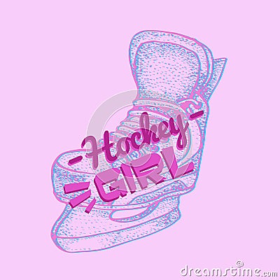 Vector hockey girl lettering. Isolated pink ice hockey skates for woman on light pink background. Ice hockey sports equipment. Vector Illustration