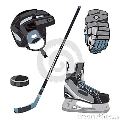 Vector hockey icons set in flat style. Ice equipment collection, puck, stick etc. Sport gear images for clubs etc. Vector Illustration