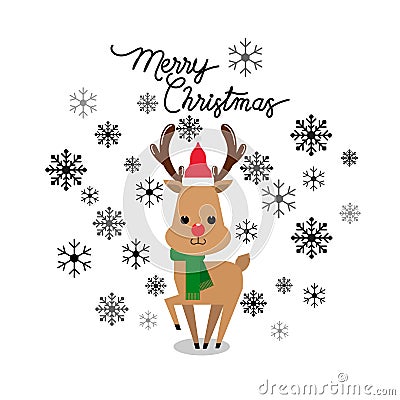 Vector holiday Christmas greeting card with cartoon red nose reindeer, snow flakes Vector Illustration