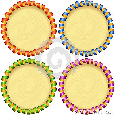 Vector holiday circle frame set. Red, blue, green and purple streamer Vector Illustration