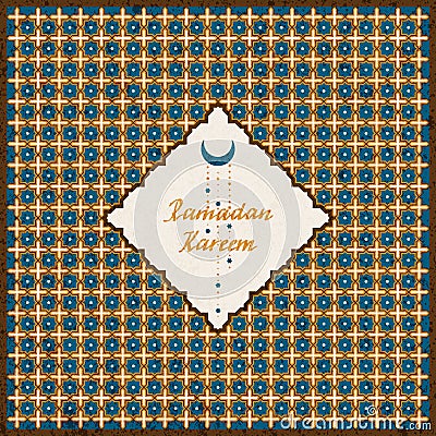 Vector holiday postcard with golden arabic pattern and a rombic frame with hand drawn words Ramadan Kareem and a moon Vector Illustration