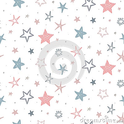 Vector holiday seamless pattern with hand drawn stars. Endless festive background. Vector Illustration