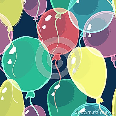 Vector holiday seamless pattern. Transparent watercolor air balloons on black background. Vector Illustration