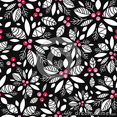 Vector holly berry black, white, red holiday seamless pattern background. Great for winter themed packaging, giftwrap Vector Illustration