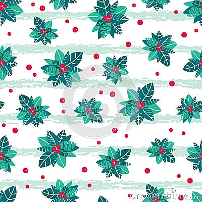 Vector holly berry grunge stripes holiday seamless pattern background. Great for winter themed packaging, giftwrap Vector Illustration