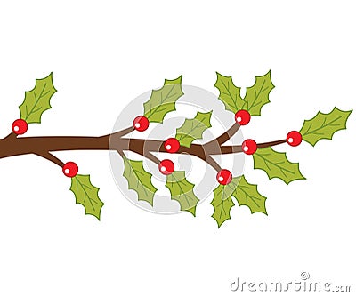 Vector Holly Branch with Green Leaves and Red Berries Vector Illustration