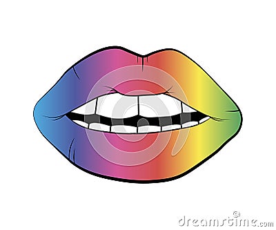 Vector hologram lip symbol isolated on white background. rainbow kiss. linear icon illustration. Woman`s multicolored lips drawin Cartoon Illustration