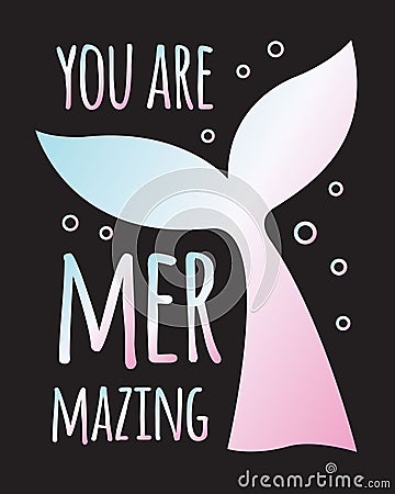 Vector holographic mermaid quote with tail Vector Illustration