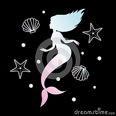 Vector holographic mermaid silhouette with shells Vector Illustration