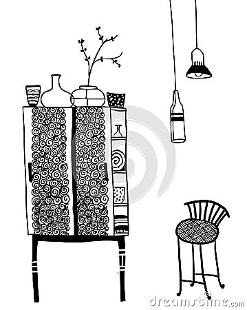 Vector home interior: cupboard, stool and chadeliers Vector Illustration