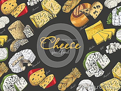 Vector horizontal background with different color cheeses in sketch style Vector Illustration