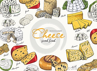 Vector horizontal background with different color cheeses in sketch style Vector Illustration