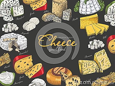 Vector horizontal background with different color cheeses in sketch style Vector Illustration