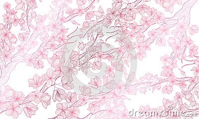 Vector horizontal background with line art sakura branch with flowers. Hand drawn illustration of romantic sakura cherry blossom Cartoon Illustration