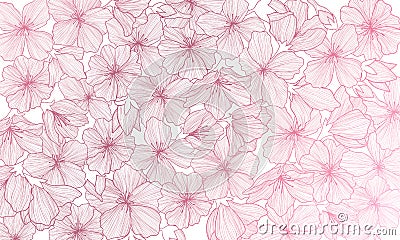 Vector horizontal background with line art sakura flowers. Hand drawn illustration of romantic sakura cherry blossom flower. Pink Cartoon Illustration