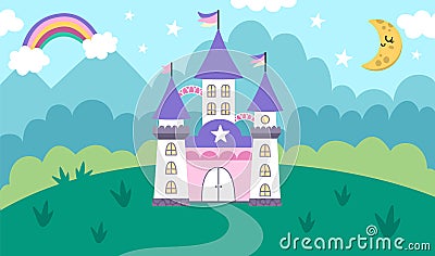 Vector horizontal background with unicorn castle, field, clouds, stars, rainbow. Fantasy world scene with palace, towers, moon. Vector Illustration