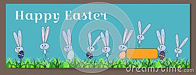 Vector horizontal banner for Happy Easter with painted eggs and bunnies. Rabbits hold eggs with a floral pattern. Ornament of the Vector Illustration