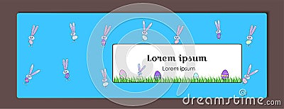 Vector horizontal blue banner for Happy Easter with painted eggs and a rabbit. Cartoon Bunny and eggs with a floral pattern. Vector Illustration