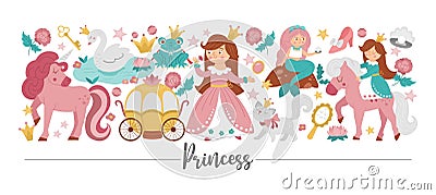 Vector horizontal border set with cute fantasy princess, unicorn and fairytale elements. Medieval fairy tale card template design Vector Illustration