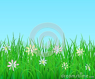 Vector horizontal endless border with green grass and flowers Vector Illustration