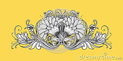 Vector horizontal floral frame. Black and white flowers pattern Vector Illustration