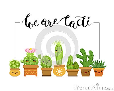 Vector horizontal illustration with frame and a bunch of cacti in pots Vector Illustration