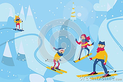 Vector horizontal illustration with happy family skiing in mountains. Winter scene with family activities with ski and snowboard Cartoon Illustration