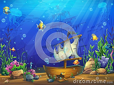 Vector horizontal illustration of the underwater ocean with a sunken schooner Vector Illustration