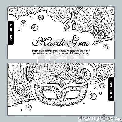 Vector horizontal invitation for Mardi Gras party with dotted carnival mask, ornate lace and beads in black on white background. Vector Illustration