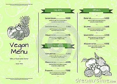 Vector horizontal one page doodle handdrawn fruits and vegetables vegan healthy menu template with ribbons Vector Illustration