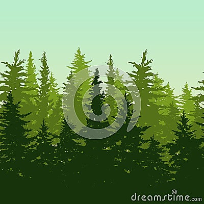 Vector horizontal seamless background with green pine or fir-tree forest. Nature background with evergreen trees. Vector Illustration