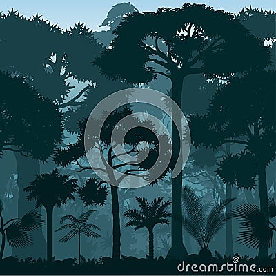 Vector horizontal seamless blue tropical rain forest Jungle background Vector Illustration