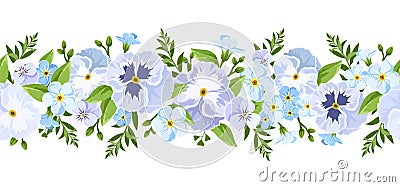 Vector horizontal seamless border with blue pansy and forget-me-not flowers. Vector Illustration