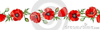 Horizontal seamless border with red poppy flowers. Vector illustration. Vector Illustration