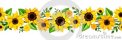 Horizontal seamless border with yellow sunflowers. Vector illustration. Vector Illustration