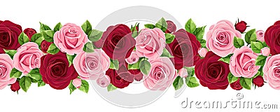 Horizontal seamless garland with burgundy and pink roses. Vector illustration. Vector Illustration