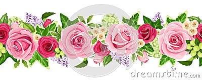 Horizontal seamless garland with roses and ivy leaves. Vector illustration. Vector Illustration