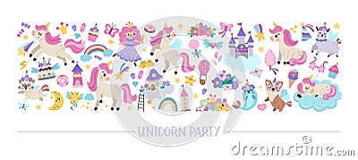 Vector horizontal set for unicorn party. Fairytale card template design for banners, invitations, postcards. Cute magic fantasy Vector Illustration