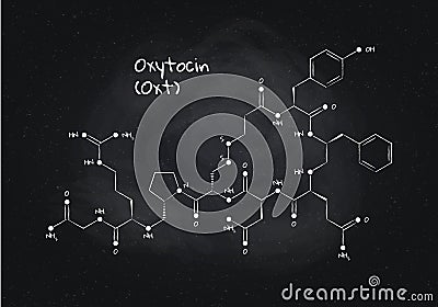 Vector hormones study banner template. Chalk drawn oxytocin structure on black board background. Hormone assosiated with bonding, Stock Photo