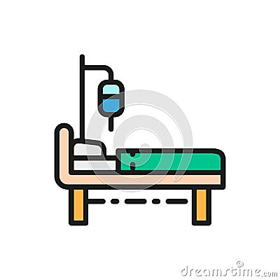 Hospital bed with medical equipments, intensive care flat color line icon. Vector Illustration