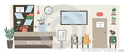 Vector hospital reception. Funny animals waiting for the doctor in clinic corridor. Medical interior flat illustration for kids. Vector Illustration