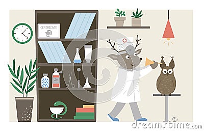 Vector hospital ward. Funny animal doctor checking patients ears in clinic office. Medical interior flat illustration for kids. Vector Illustration