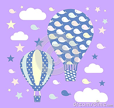 Vector hot air balloons with whales,stars,clouds on pastel violet background.Wallpaper,wall stickers,Set for children`s craft cre Stock Photo