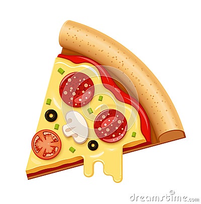 Vector hot pizza slice with sticky cheese and salami icon Vector Illustration