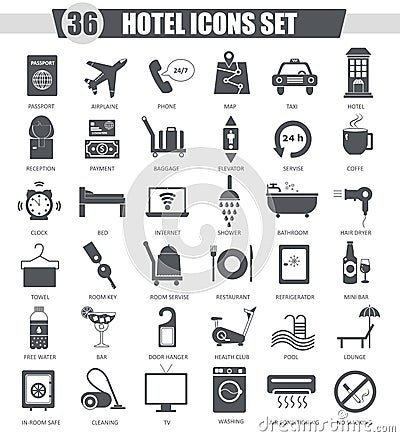 Vector Hotel black icon set. Dark grey classic icon design for web. Vector Illustration