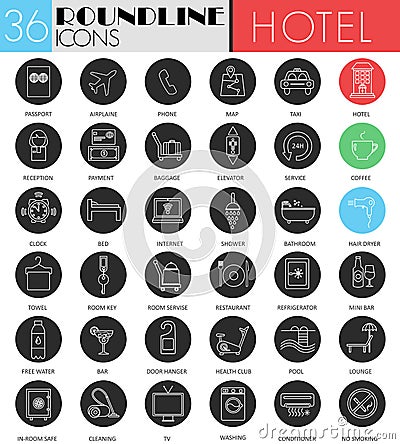 Vector Hotel service circle white black icon set. Modern line black icon design for web. Vector Illustration