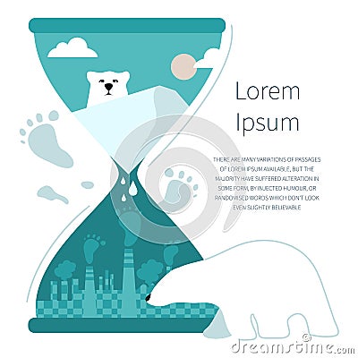 Hourglass with polar bear and urban city emissions co2. The glacier melt, climate change animals die out. STOP GLOBAL Vector Illustration